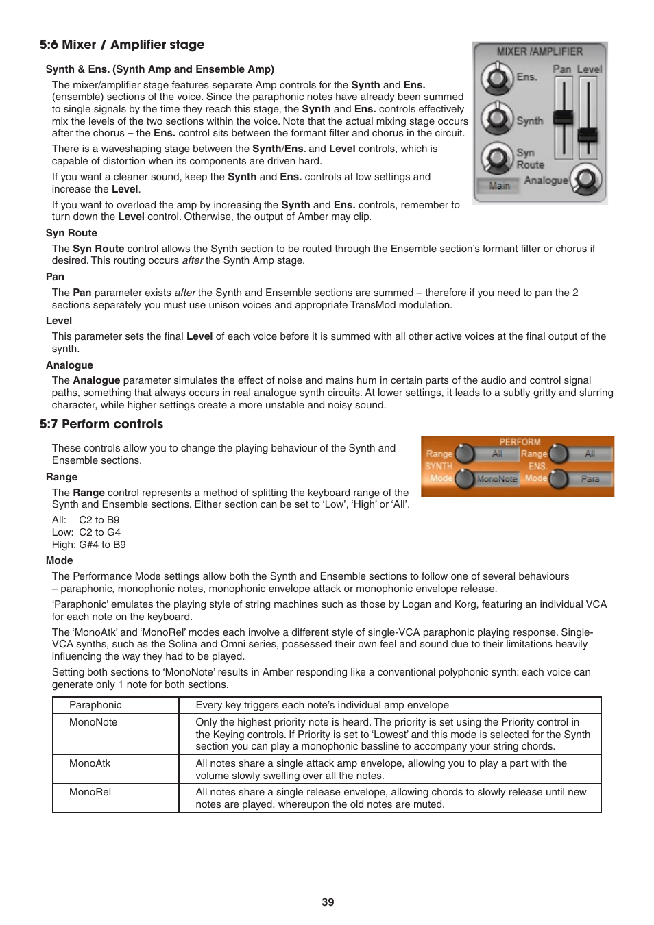 6 mixer / amplifier stage, Synth and ens. (synth amp and ensemble amp), Syn route | Level, Analogue, 7 perform controls, Range, Mode | FXpansion DCAM Synth Squad Operation Manual User Manual | Page 39 / 110