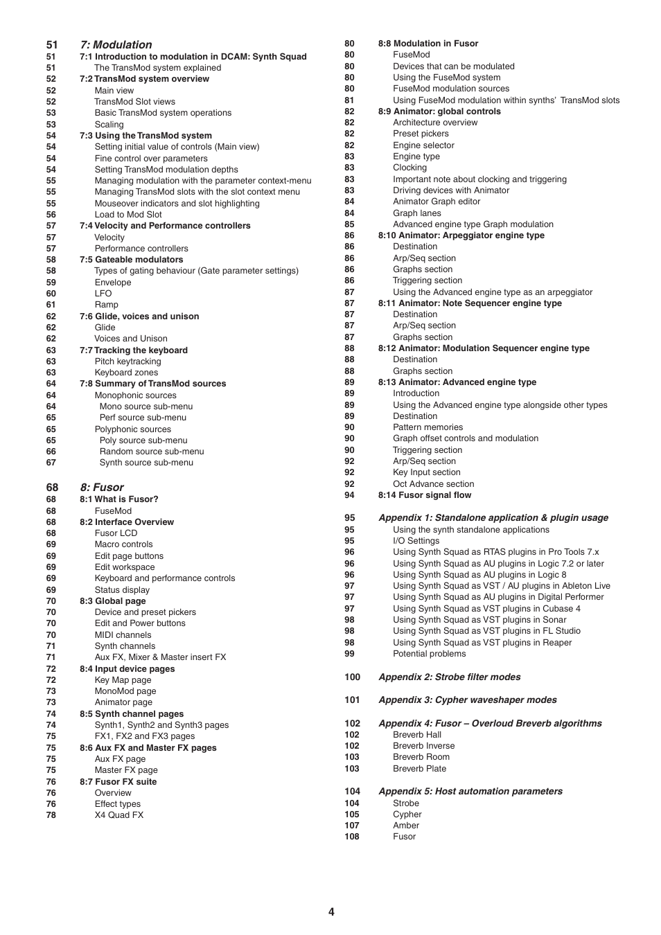 451 7: modulation, 68 8: fusor | FXpansion DCAM Synth Squad Operation Manual User Manual | Page 4 / 110