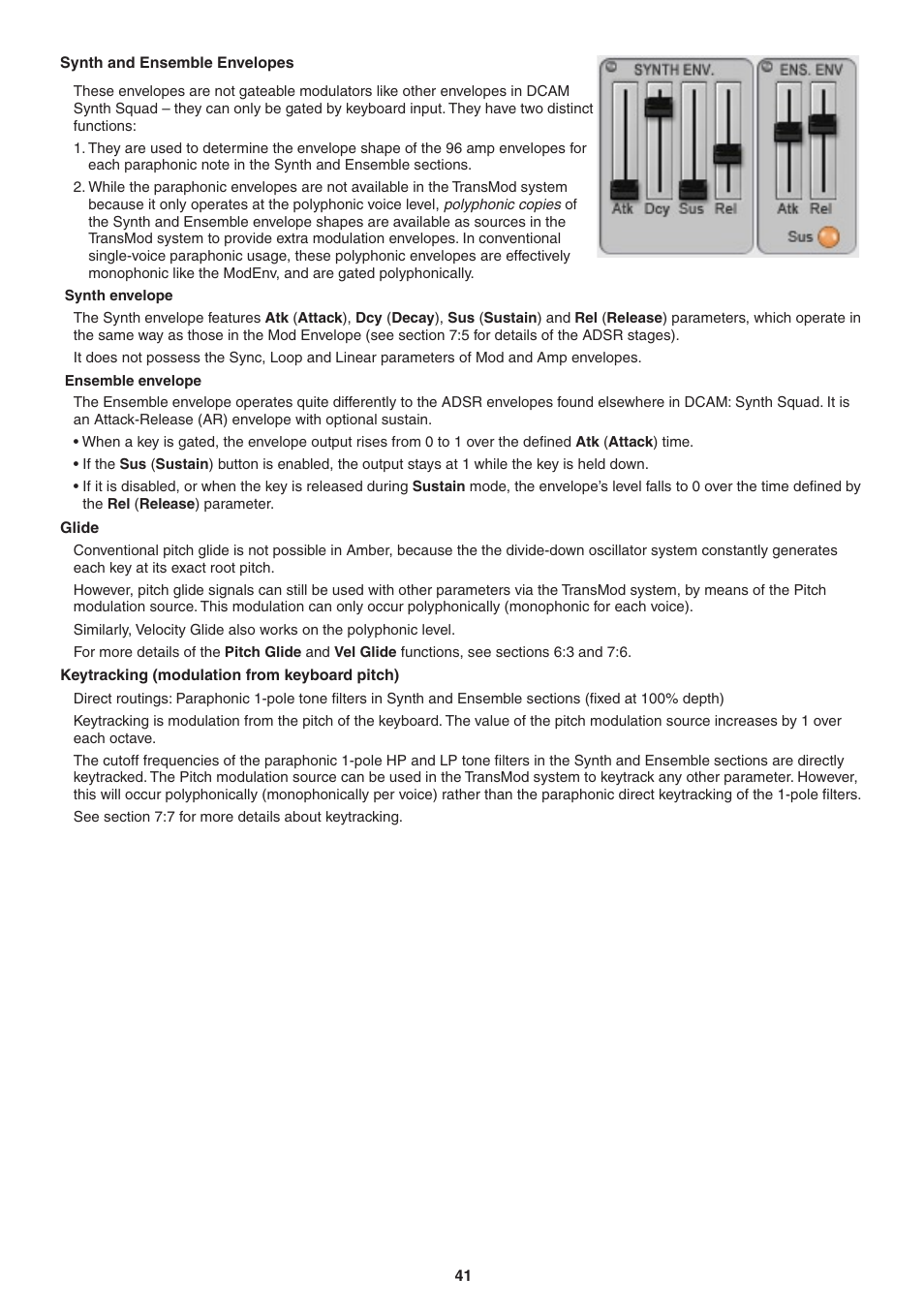 Synth and ensemble envelopes, Synth envelope, Ensemble envelope | Glide, Keytracking (modulation from keyboard pitch) | FXpansion DCAM Synth Squad Operation Manual User Manual | Page 41 / 110