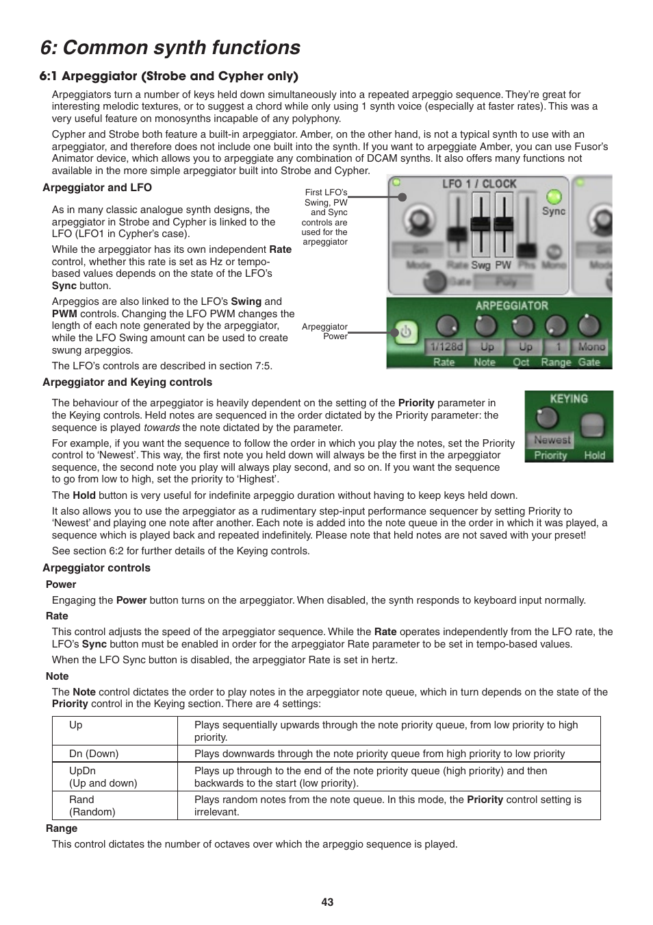 Ch.6: common synth functions, 1 arpeggiator (strobe and cypher only), Arpeggiator and lfo | Arpeggiator and keying controls, Arpeggiator controls, Power, Rate, Note, Range, Common synth functions | FXpansion DCAM Synth Squad Operation Manual User Manual | Page 43 / 110