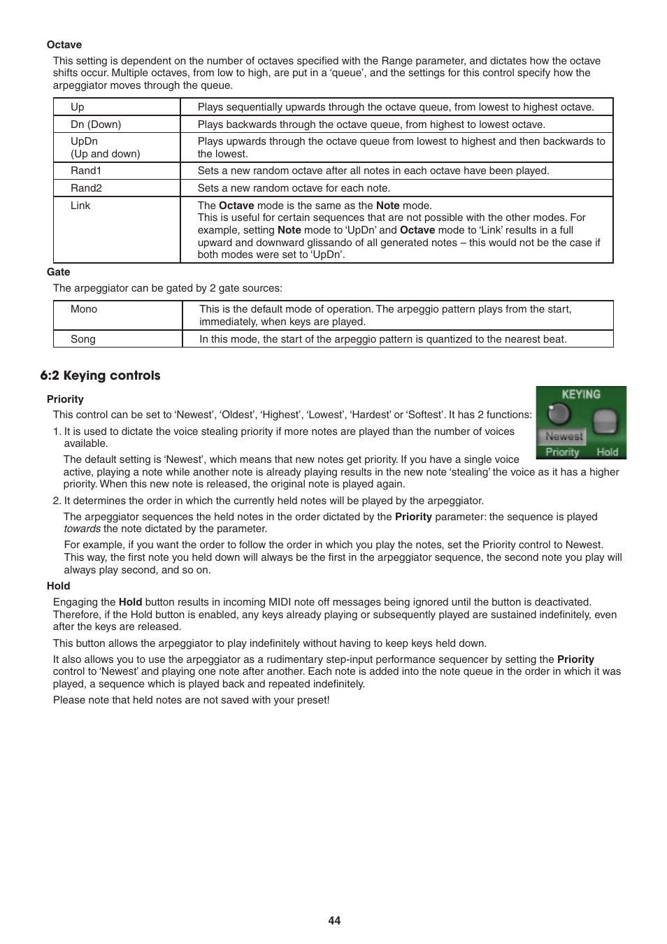 Octave, Gate, 2 keying controls | Priority, Hold,  keying controls | FXpansion DCAM Synth Squad Operation Manual User Manual | Page 44 / 110
