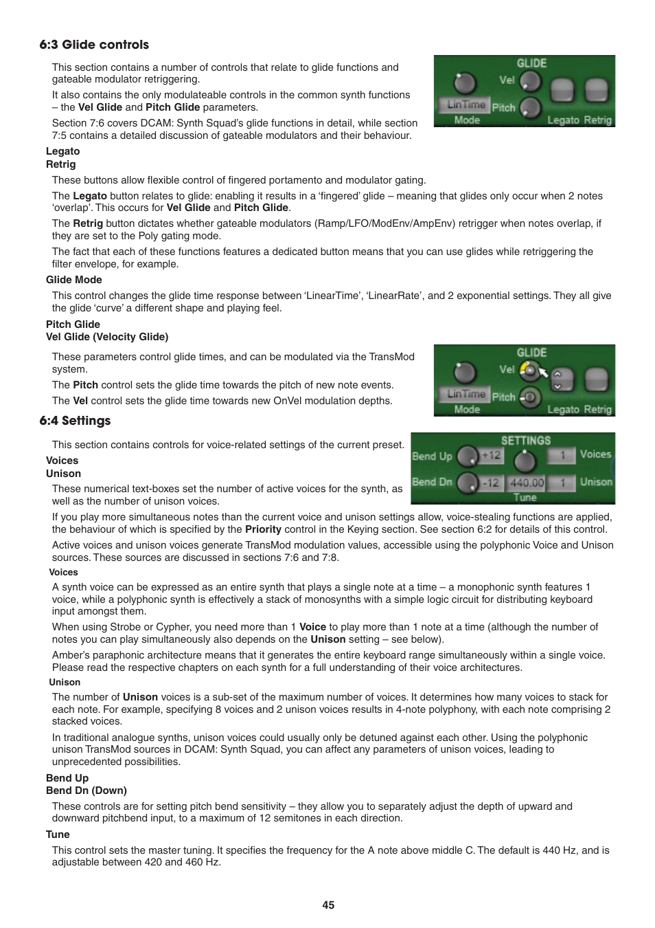 3 glide controls, Legato and retrig, Glide mode | Pitch glidevel glide (velocity glide), 4 settings, Voices and unison, Bend up and bend dn (down), Tune,  glide controls | FXpansion DCAM Synth Squad Operation Manual User Manual | Page 45 / 110