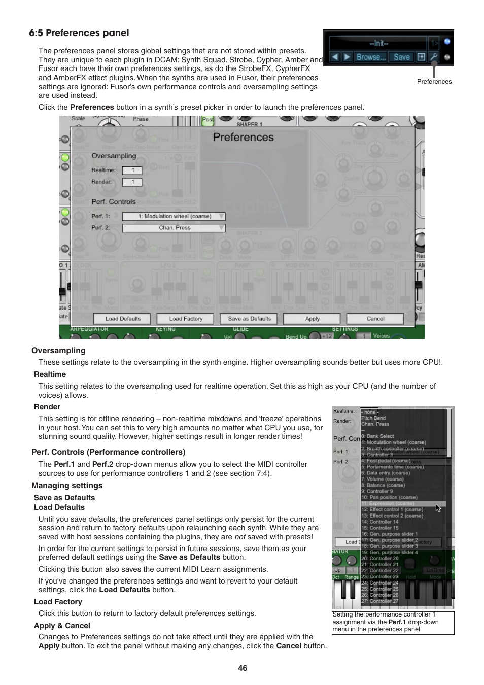 5 preferences panel, Oversampling, Realtime | Render, Perf. controls (performance controllers), Managing settings, Save as defaults and load defaults, Load factory, Apply and cancel | FXpansion DCAM Synth Squad Operation Manual User Manual | Page 46 / 110