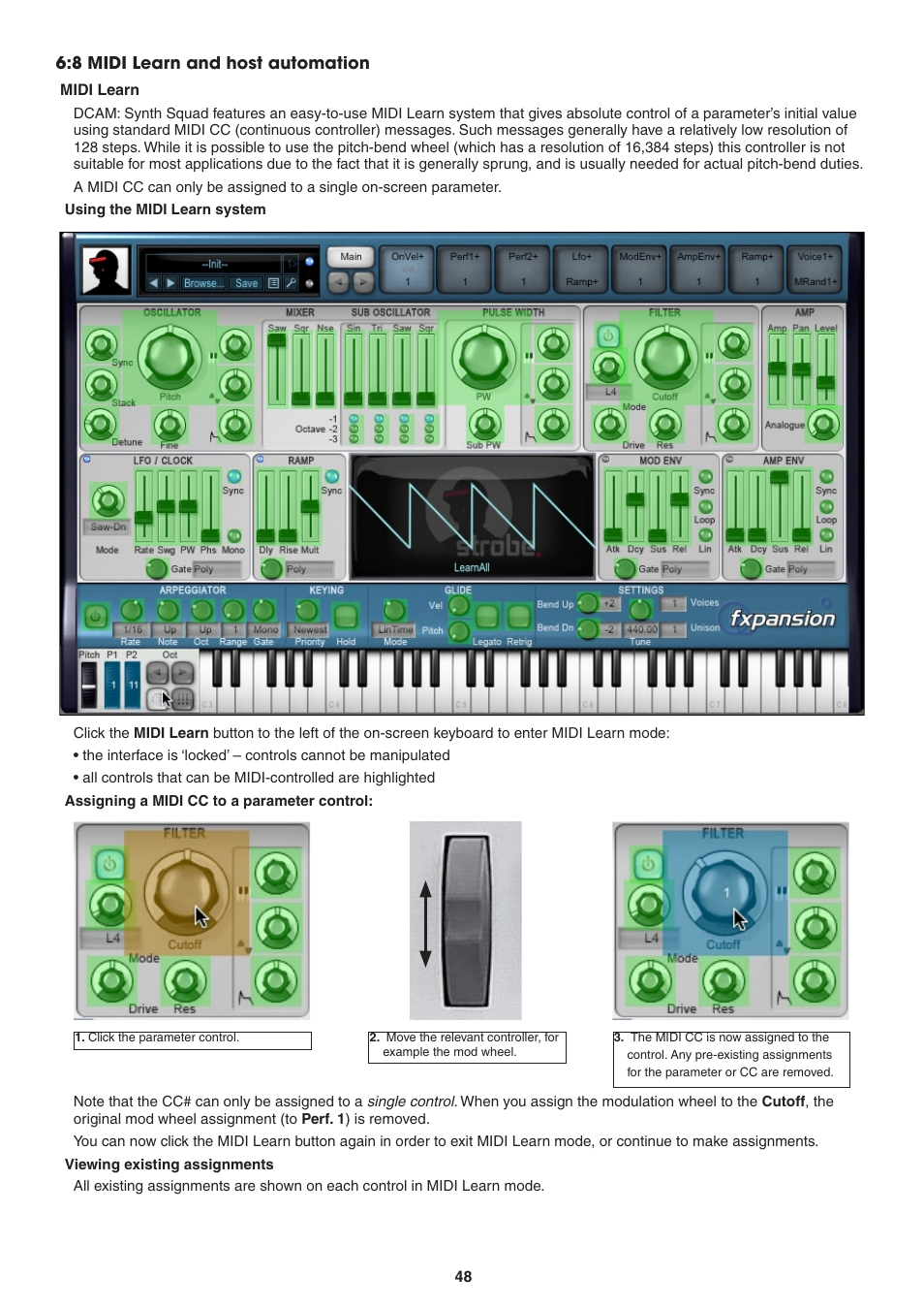 8 midi learn and host automation, Midi learn, Using the midi learn system | Assigning a midi cc to a parameter control, Viewing existing assignments | FXpansion DCAM Synth Squad Operation Manual User Manual | Page 48 / 110