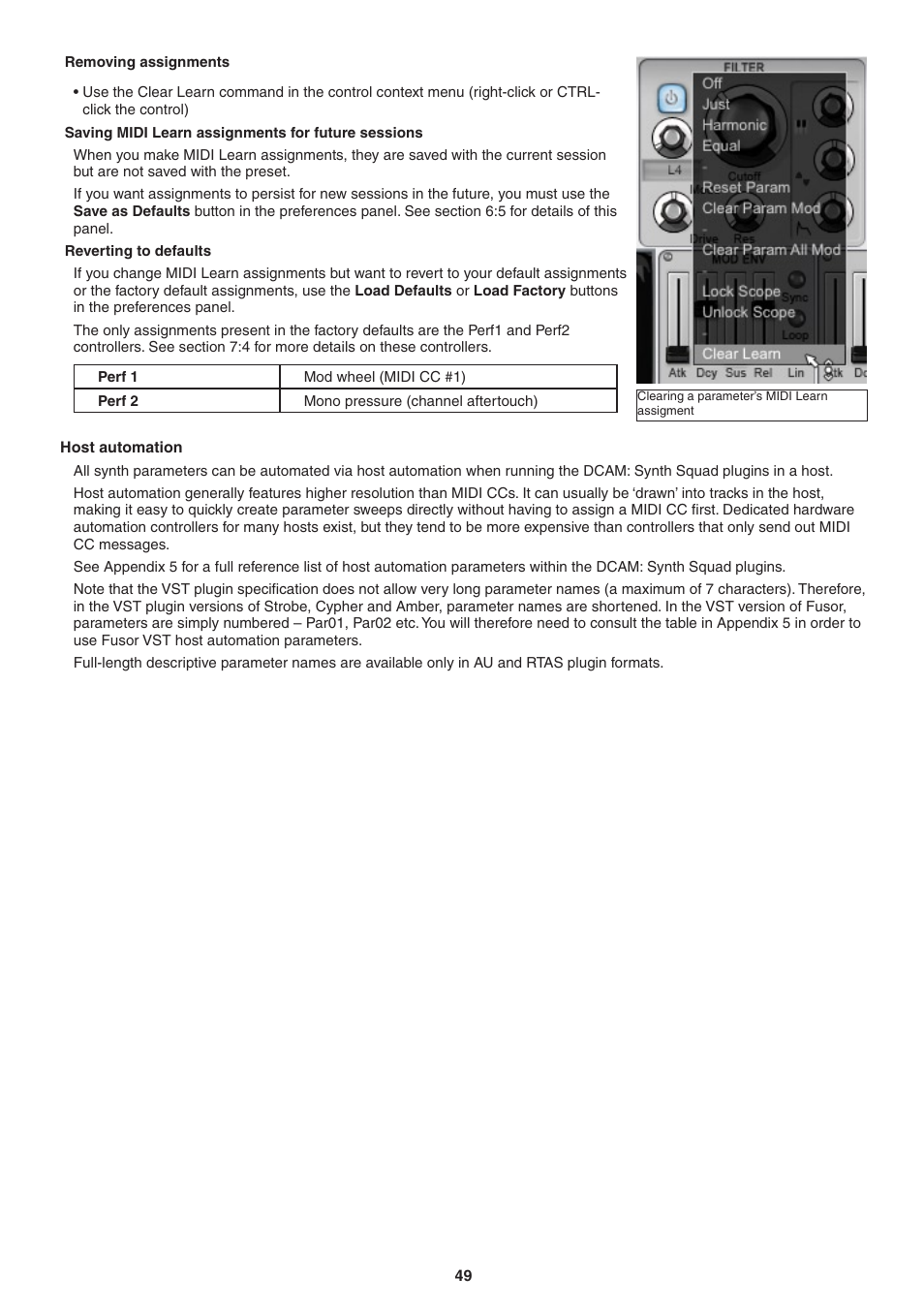 Removing assignments, Saving midi learn assignments for future sessions, Reverting to defaults | Host automation | FXpansion DCAM Synth Squad Operation Manual User Manual | Page 49 / 110