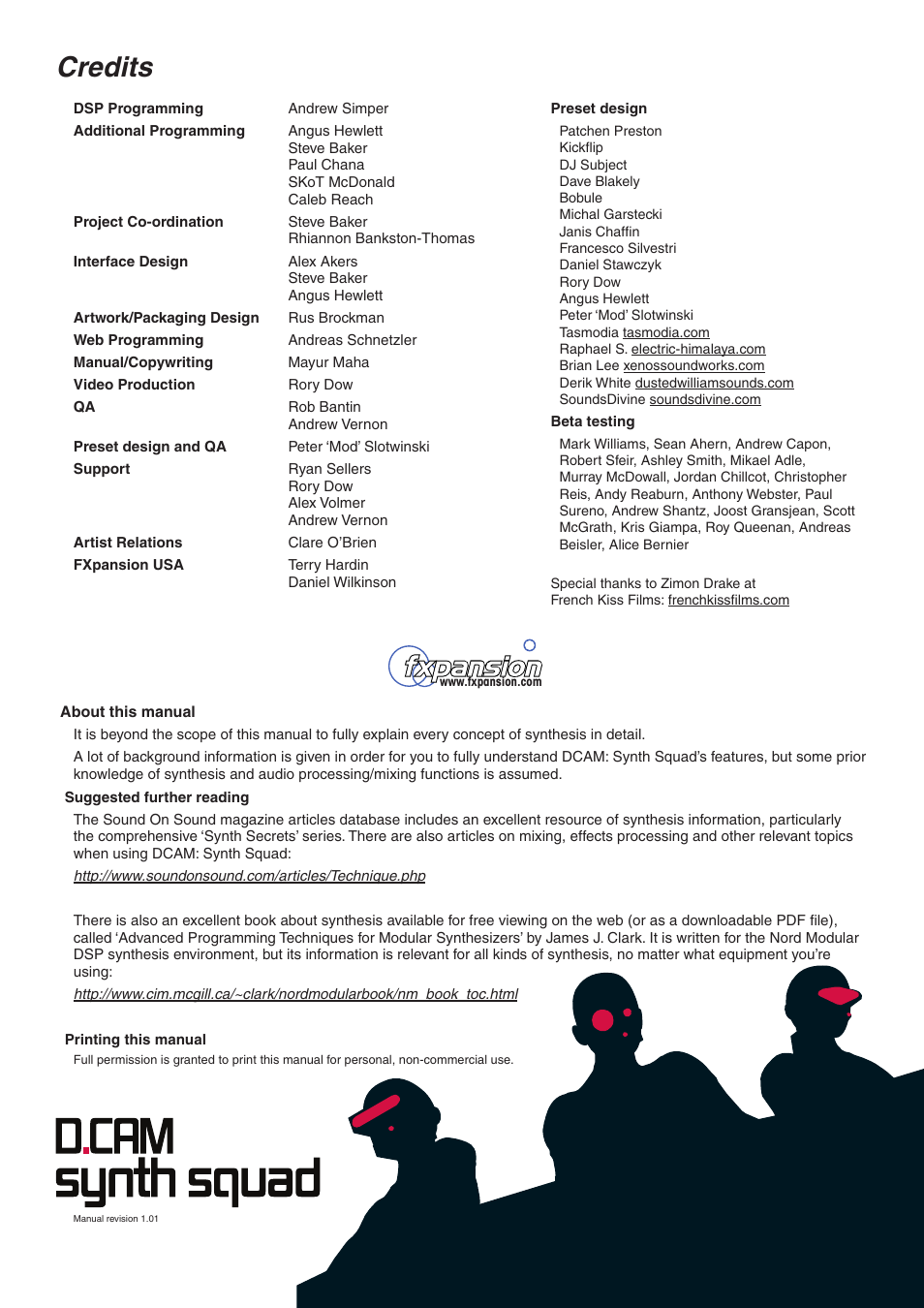 Credits, About this manual, Suggested further reading | Printing this manual | FXpansion DCAM Synth Squad Operation Manual User Manual | Page 5 / 110