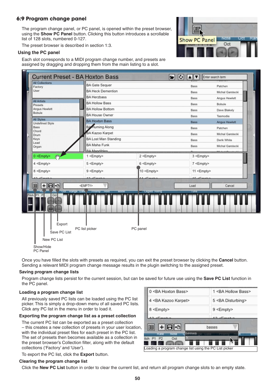 9 program change panel, Using the pc panel, Saving program change lists | Loading a program change list, Clearing the program change list | FXpansion DCAM Synth Squad Operation Manual User Manual | Page 50 / 110