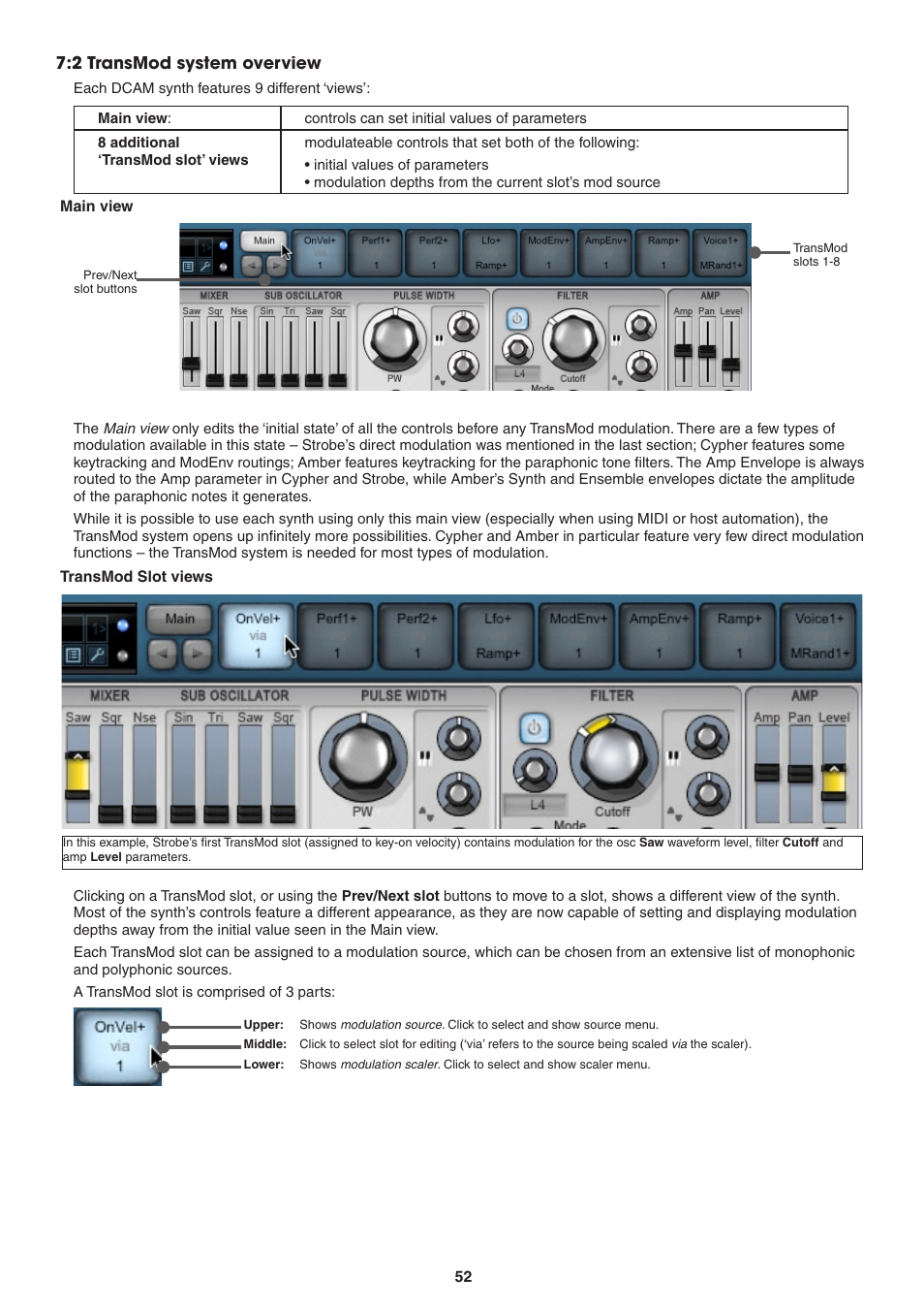 2 transmod system overview, Main view, Transmod slot views |  transmod system overview | FXpansion DCAM Synth Squad Operation Manual User Manual | Page 52 / 110