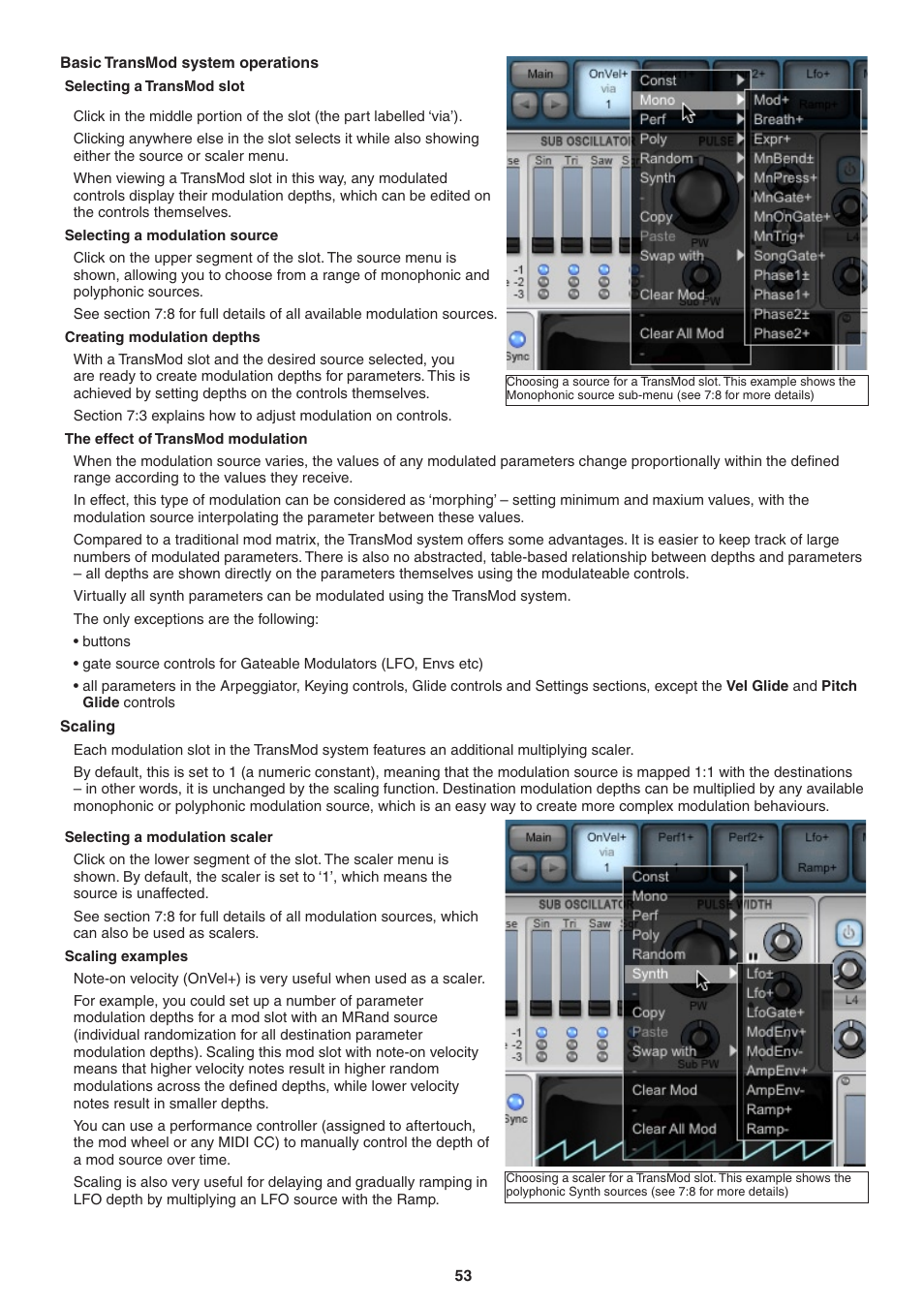 Basic transmod system operations, Selecting a transmod slot, Selecting a modulation source | Creating modulation depths, The effect of transmod modulation, Scaling, Selecting a modulation scaler, Scaling examples | FXpansion DCAM Synth Squad Operation Manual User Manual | Page 53 / 110