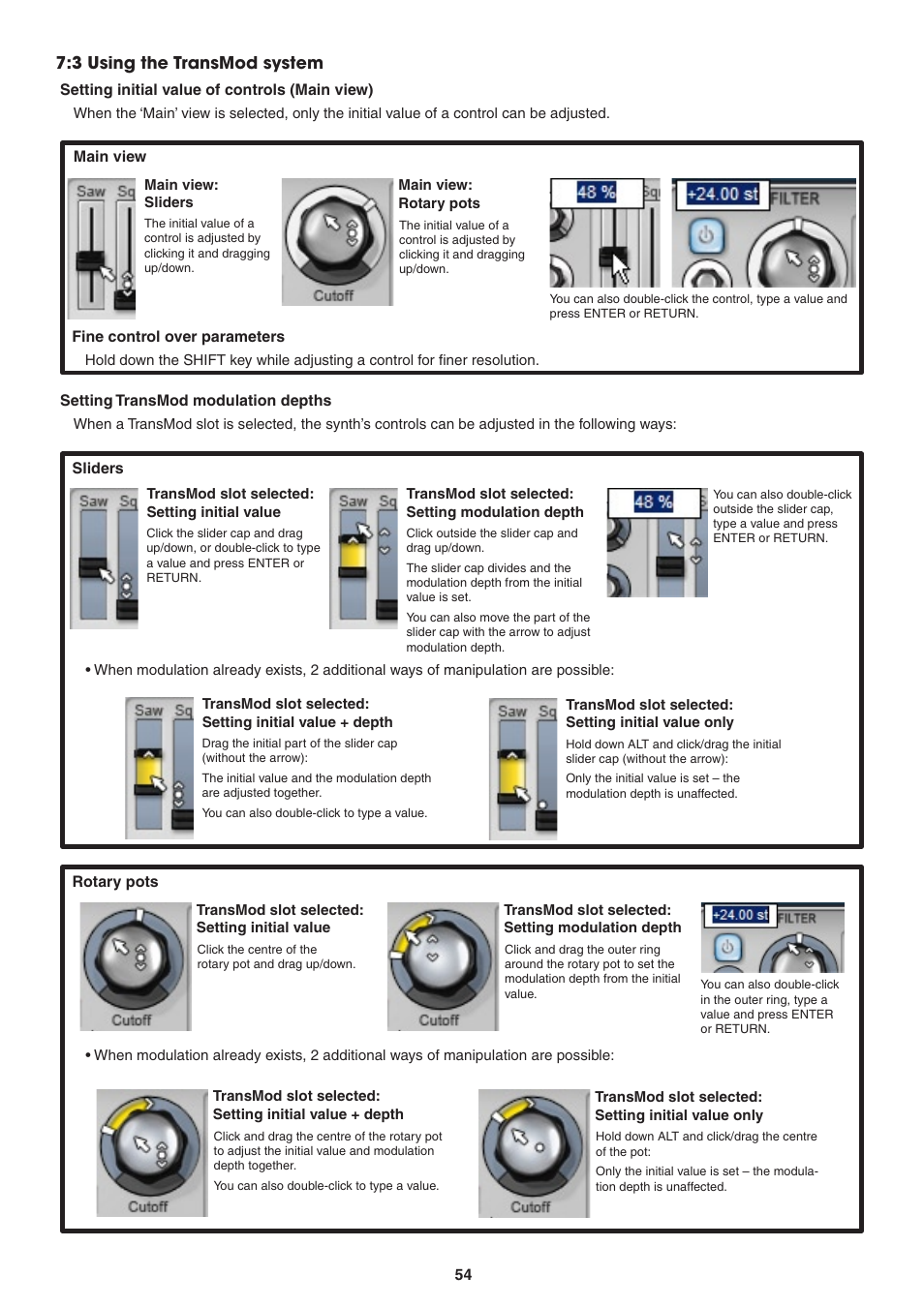 3 using the transmod system, Setting initial value of controls (main view), Setting transmod modulation depths |  using the transmod system, Fine control over parameters | FXpansion DCAM Synth Squad Operation Manual User Manual | Page 54 / 110