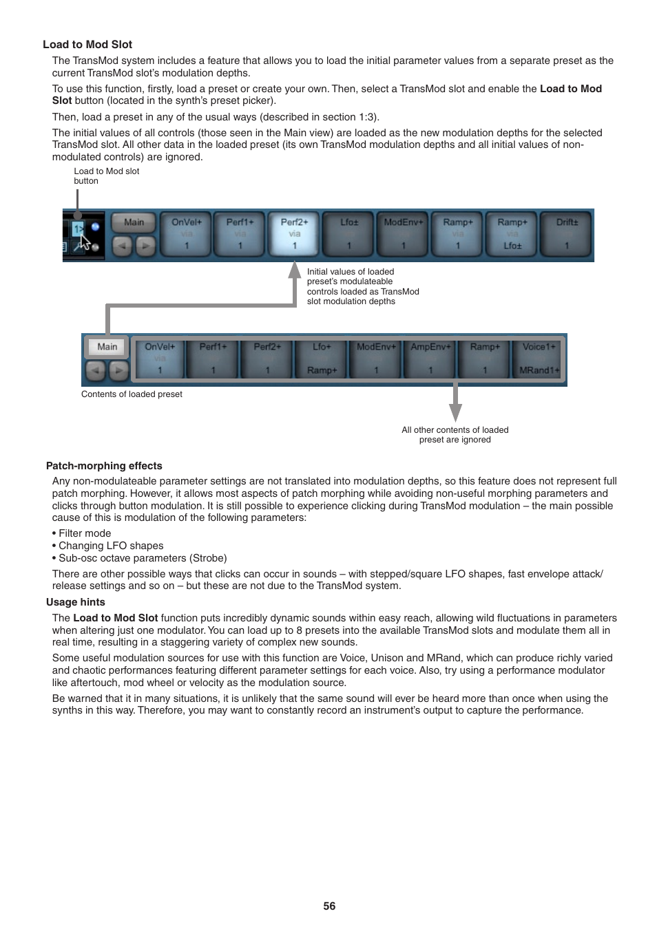 Load to mod slot, Patch-morphing effects, Usage hints | FXpansion DCAM Synth Squad Operation Manual User Manual | Page 56 / 110