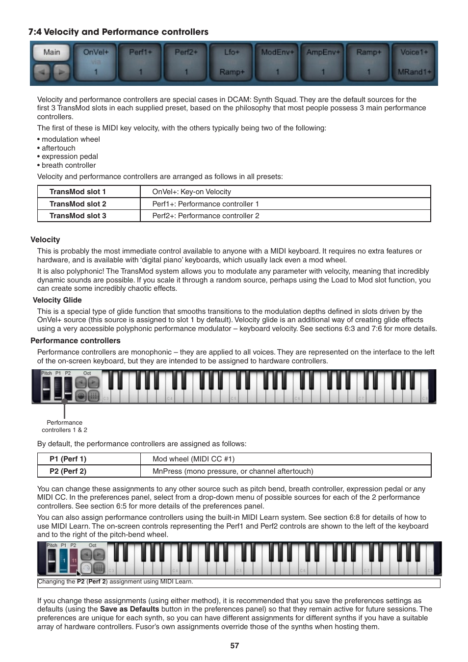 4 velocity and performance controllers, Velocity, Velocity glide | Performance controllers | FXpansion DCAM Synth Squad Operation Manual User Manual | Page 57 / 110