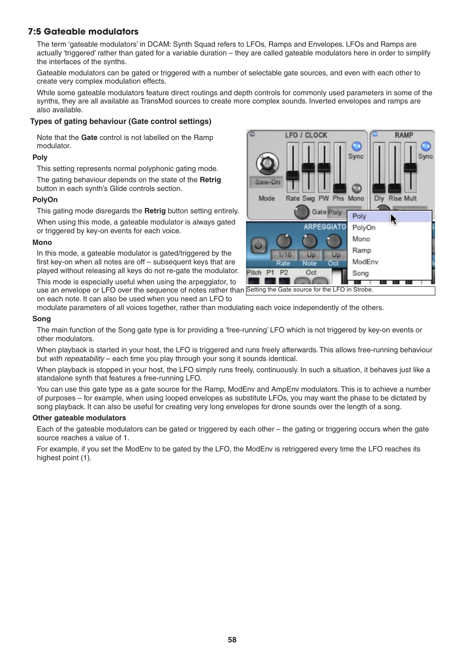 5 gateable modulators, Poly, Polyon | Mono, Song, Other gateable modulators | FXpansion DCAM Synth Squad Operation Manual User Manual | Page 58 / 110