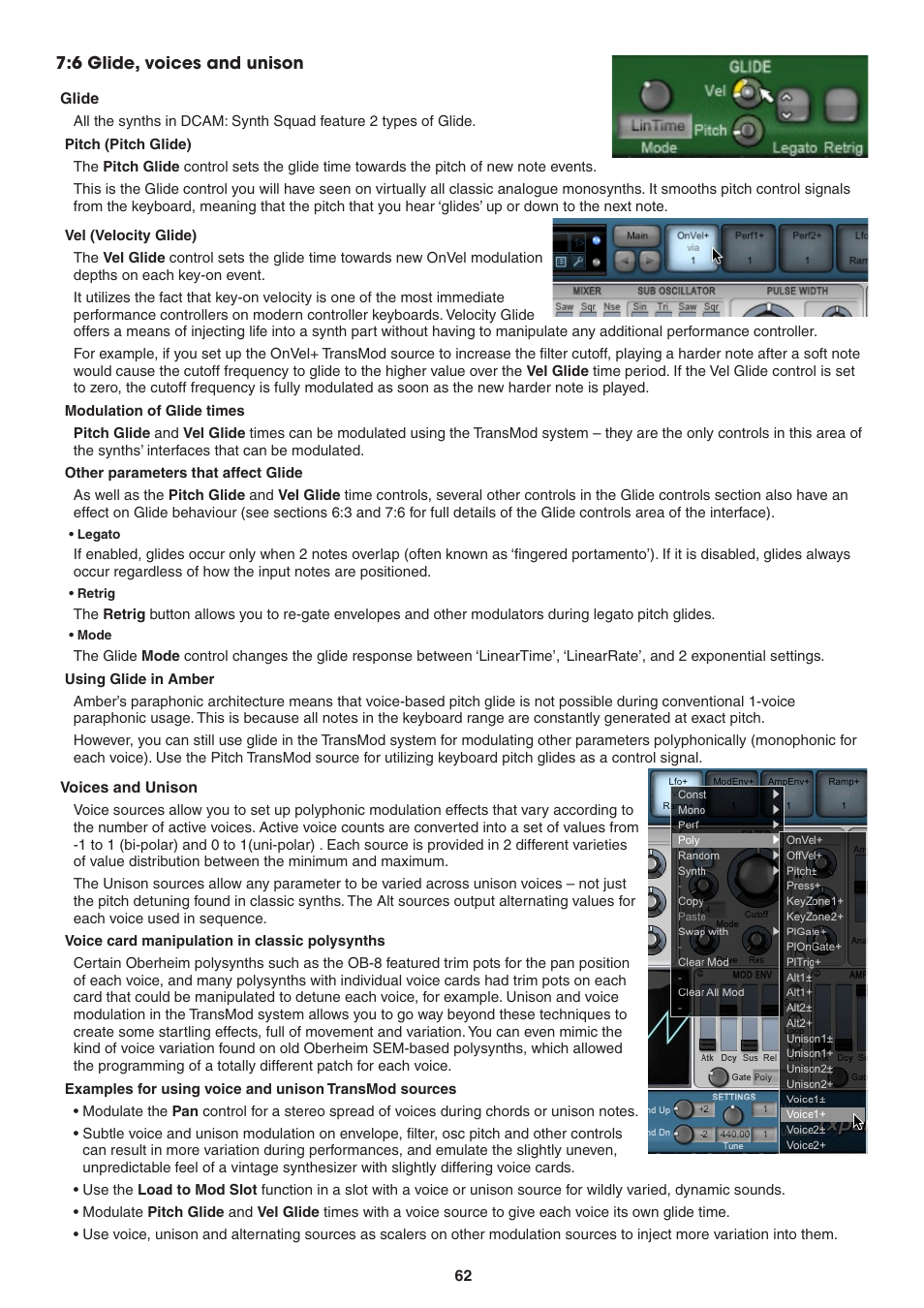 6 glide, voices and unison, Glide, Pitch glide | Vel glide (velocity glide), Modulation of glide times, Other parameters that affect glide, Using glide in amber, Voices and unison, Voice card manipulation in classic polysynths | FXpansion DCAM Synth Squad Operation Manual User Manual | Page 62 / 110