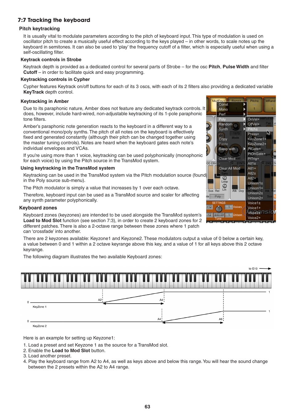 7 tracking the keyboard, Pitch keytracking, Keytrack controls in strobe | Keytracking controls in cypher, Keytracking in amber, Using keytracking in the transmod system, Keyboard zones | FXpansion DCAM Synth Squad Operation Manual User Manual | Page 63 / 110