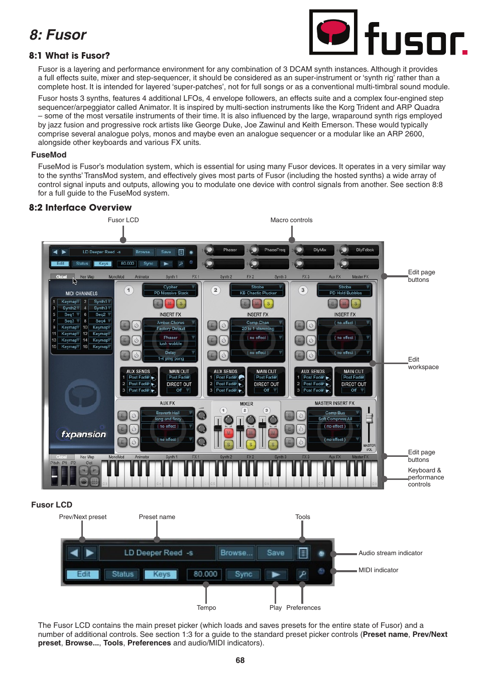 Ch.8: fusor, 1 what is fusor, Fusemod | 2 interface overview, Fusor lcd, Fusor,  interface overview | FXpansion DCAM Synth Squad Operation Manual User Manual | Page 68 / 110