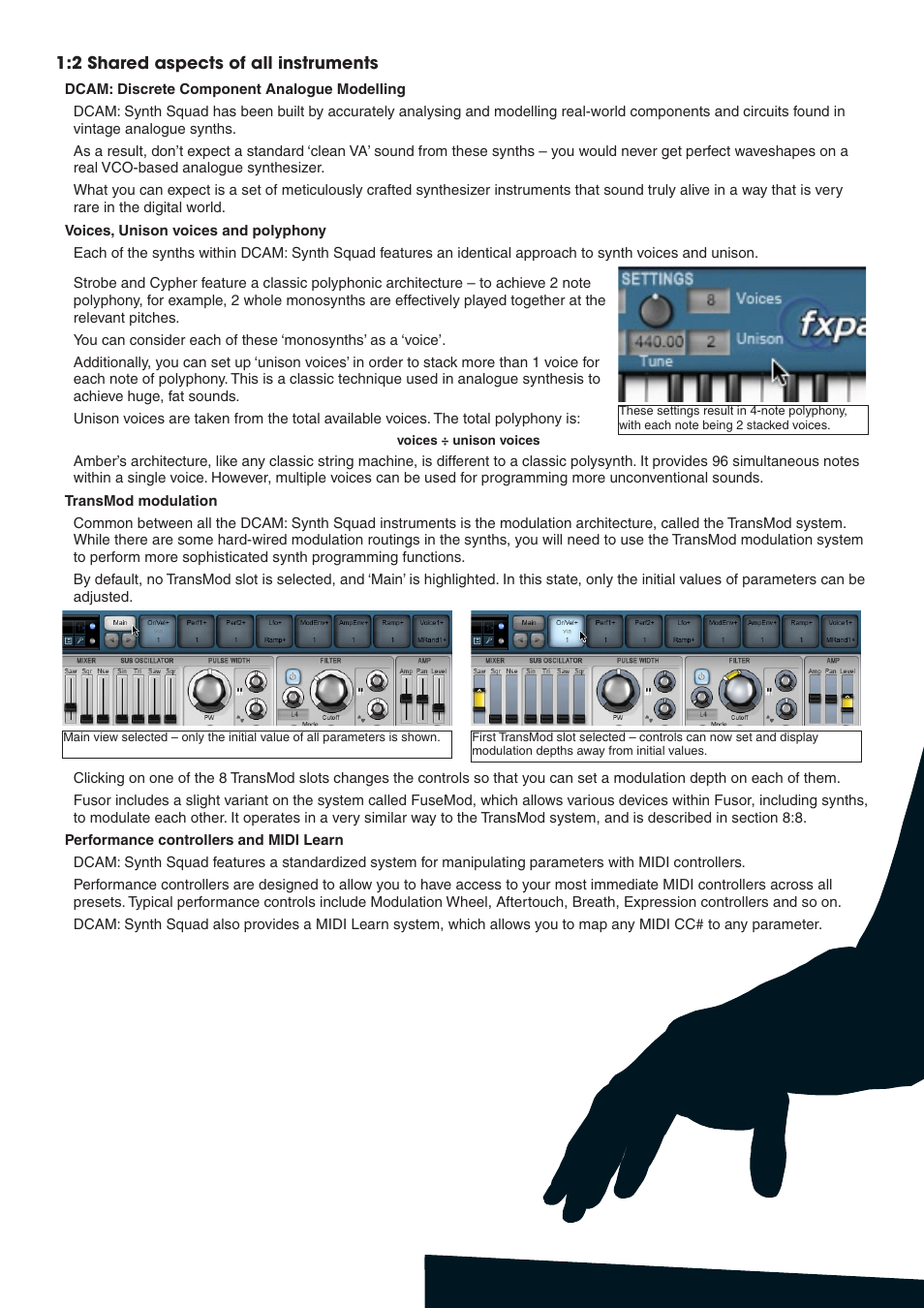 2 shared aspects of all instruments, Dcam: discrete component analogue modelling, Voices, unison voices and polyphony | Transmod modulation, Performance controllers and midi learn,  shared aspects of all instruments | FXpansion DCAM Synth Squad Operation Manual User Manual | Page 7 / 110
