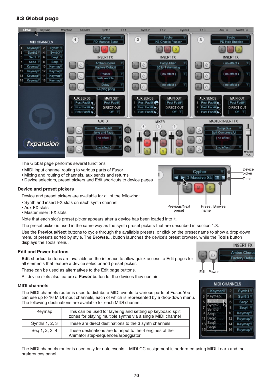 Device and preset pickers, Edit and power buttons, Midi channels | FXpansion DCAM Synth Squad Operation Manual User Manual | Page 70 / 110