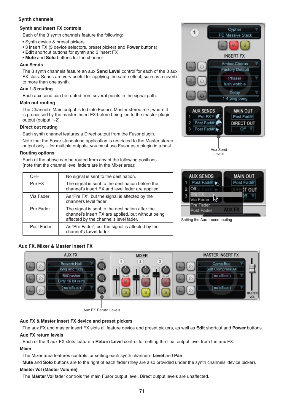 Synth channels, Synth and insert fx controls, Aux sends | Aux 1-3 routing, Main out routing, Direct out routing, Routing options, Aux fx, mixer and master insert fx, Aux fx return levels, Mixer | FXpansion DCAM Synth Squad Operation Manual User Manual | Page 71 / 110