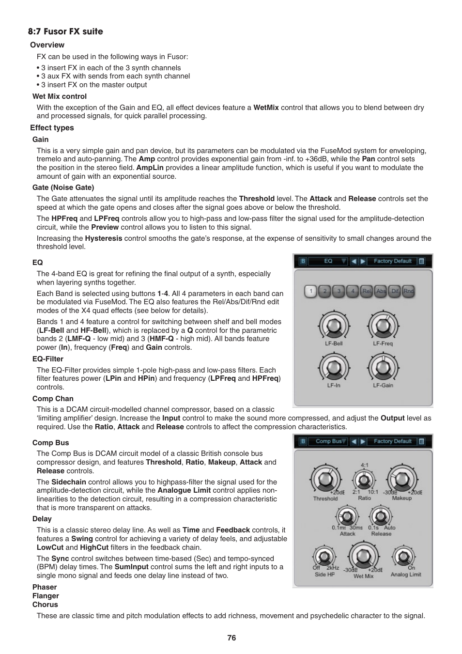 7 fusor fx suite, Overview, Wet mix control | Effect types, Gain, Gate (noise gate), Eq-filter, Comp chan, Comp bus, Delay | FXpansion DCAM Synth Squad Operation Manual User Manual | Page 76 / 110