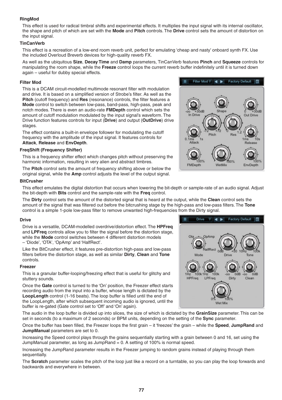 Ringmod, Tincanverb, Filter mod | Freqshift (frequency shifter), Bitcrusher, Drive, Freezer | FXpansion DCAM Synth Squad Operation Manual User Manual | Page 77 / 110