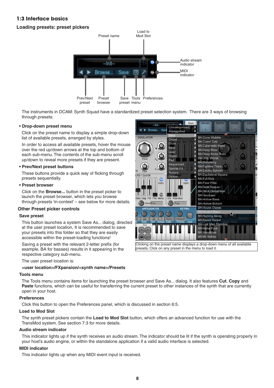 3 interface basics, Loading presets: preset pickers, Drop-down preset menu | Prev/next preset buttons, Preset browser, Other preset picker controls, Save preset, Tools menu, Preferences, Load to mod slot | FXpansion DCAM Synth Squad Operation Manual User Manual | Page 8 / 110