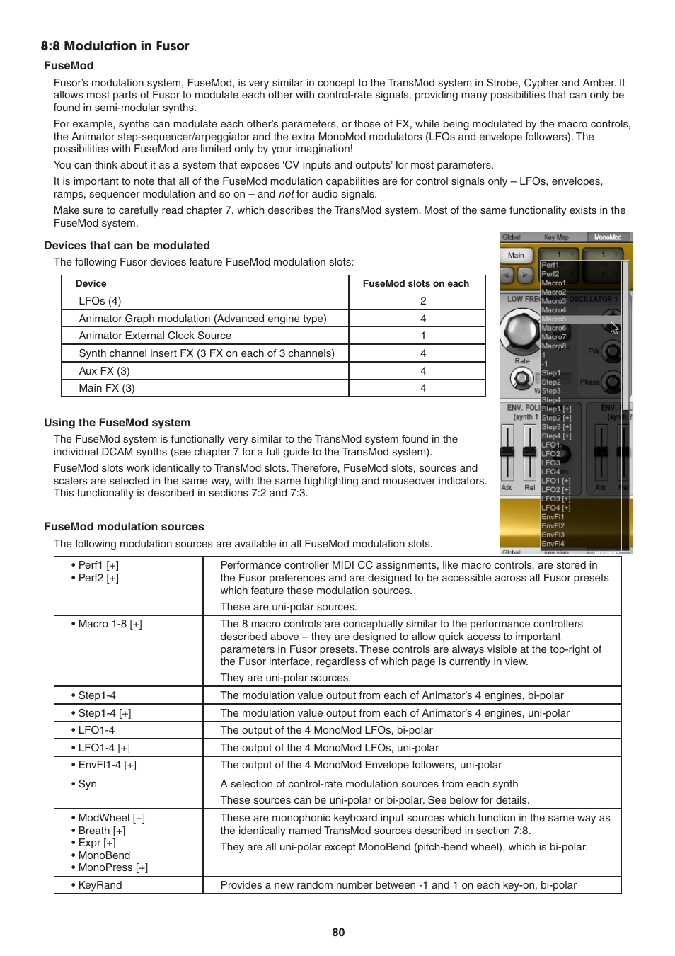 8 modulation in fusor, Fusemod, Devices that can be modulated | Using the fusemod system, Fusemod modulation sources | FXpansion DCAM Synth Squad Operation Manual User Manual | Page 80 / 110