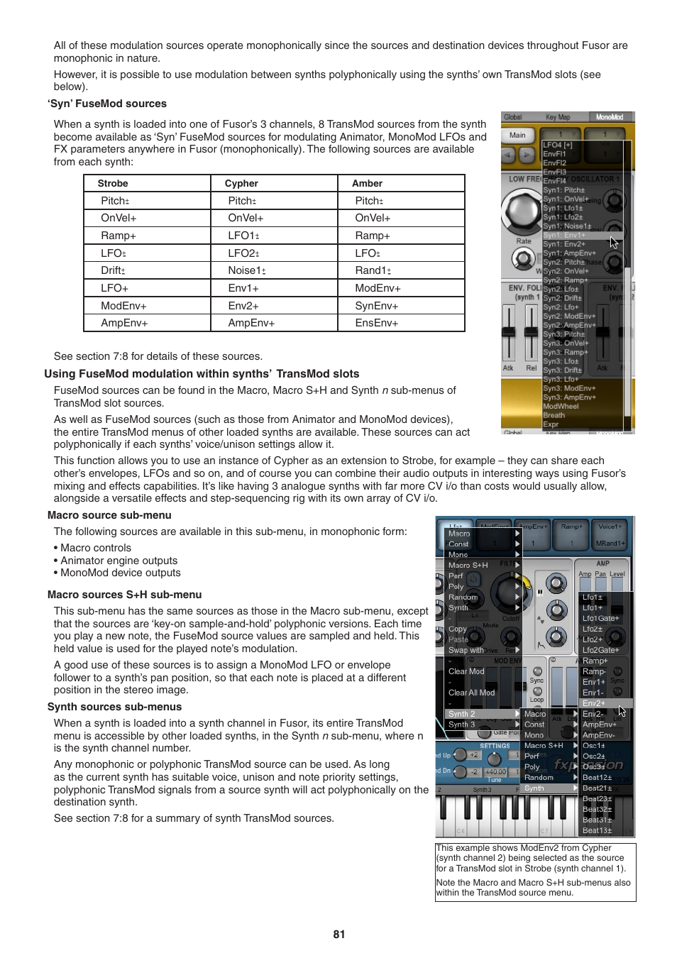 Syn’ fusemod sources, Macro source sub-menu, Macro sources s+h sub-menu | Synth sources sub-menus | FXpansion DCAM Synth Squad Operation Manual User Manual | Page 81 / 110