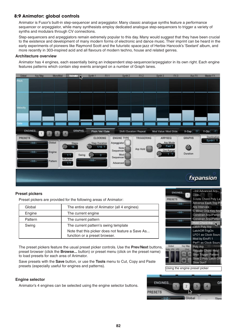 9 animator: global controls, Architecture overview, Preset pickers | Engine selector | FXpansion DCAM Synth Squad Operation Manual User Manual | Page 82 / 110