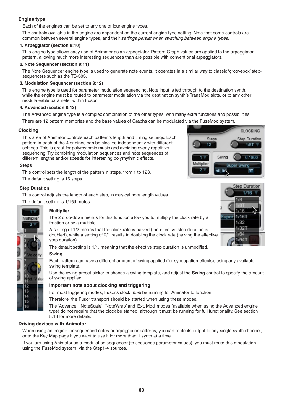 Engine type, Arpeggiator (section 8:10), Note sequencer (section 8:11) | Modulation sequencer (section 8:12), Advanced (section 8:13), Clocking, Steps, Step duration, Multiplier, Swing | FXpansion DCAM Synth Squad Operation Manual User Manual | Page 83 / 110