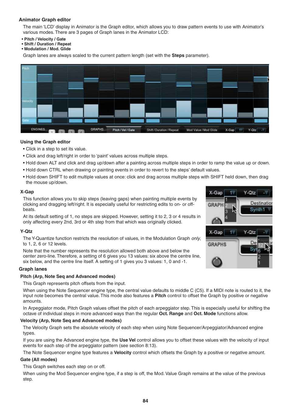 Animator graph editor, Using the graph editor, X-gap | Y-qtz, Graph lanes, Pitch (arp, note seq and advanced modes), Velocity (arp, note seq and advanced modes), Gate (all modes) | FXpansion DCAM Synth Squad Operation Manual User Manual | Page 84 / 110