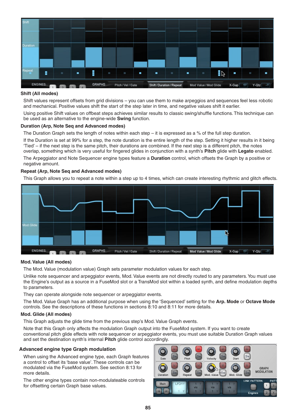 Shift (all modes), Duration (arp, note seq and advanced modes), Repeat (arp, note seq and advanced modes) | Mod. value (all modes), Mod. glide (all modes), Advanced engine type graph modulation | FXpansion DCAM Synth Squad Operation Manual User Manual | Page 85 / 110