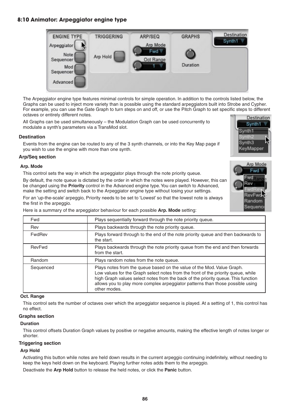 10 animator: arpeggiator engine type, Destination, Arp/seq section | Arp. mode, Oct. range, Graphs section, Duration, Triggering section, Arp hold | FXpansion DCAM Synth Squad Operation Manual User Manual | Page 86 / 110