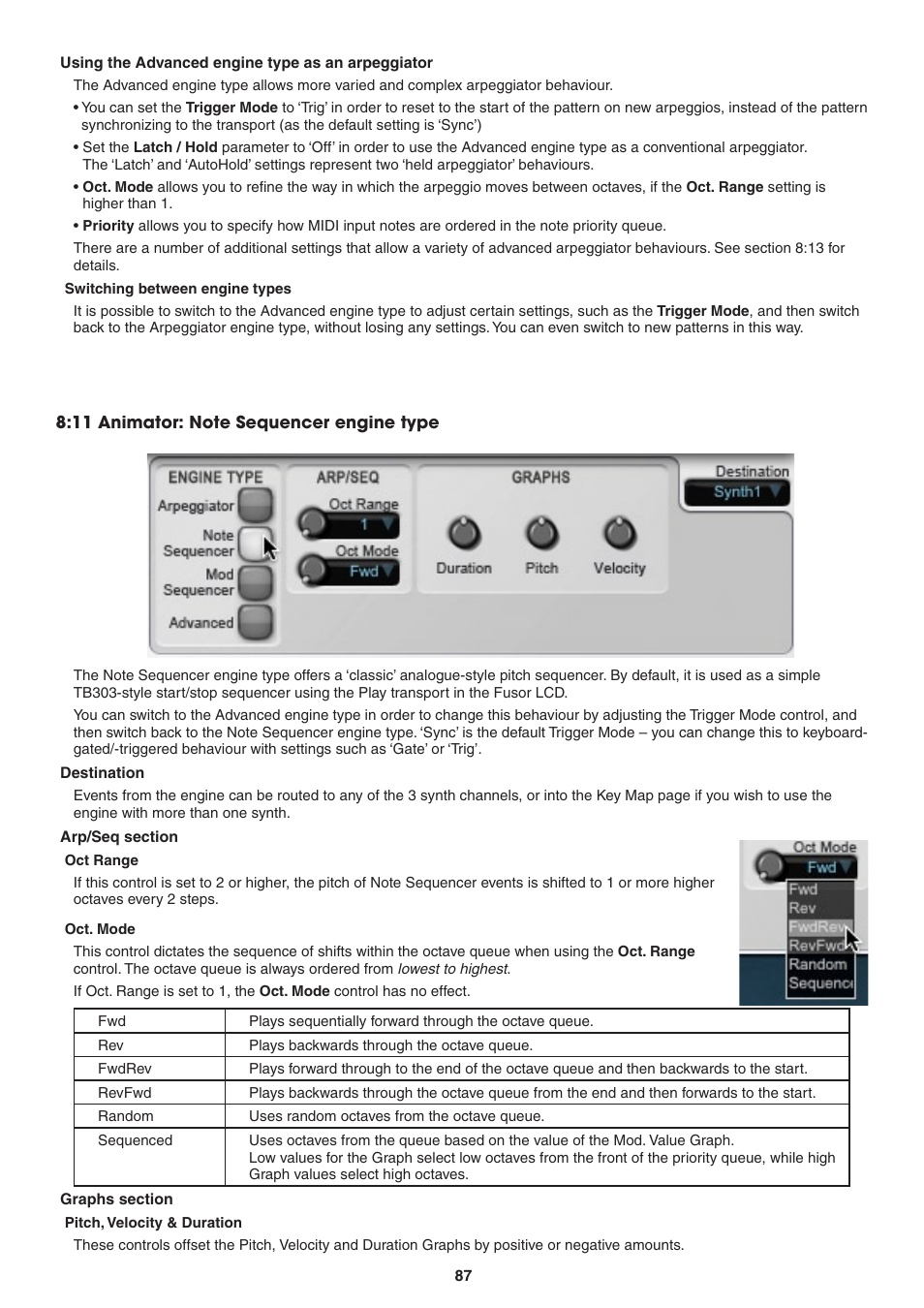 Using the advanced engine type as an arpeggiator, Switching between engine types, 11 animator: note sequencer engine type | Destination, Arp/seq section, Oct range, Oct. mode, Graphs section, Pitch, velocity & duration | FXpansion DCAM Synth Squad Operation Manual User Manual | Page 87 / 110
