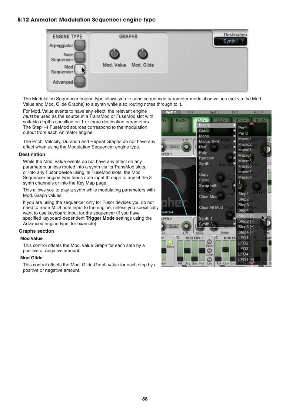 12 animator: modulation sequencer engine type, Destination, Graphs section | Mod value, Mod glide, 1 animator: modulation sequencer engine type | FXpansion DCAM Synth Squad Operation Manual User Manual | Page 88 / 110