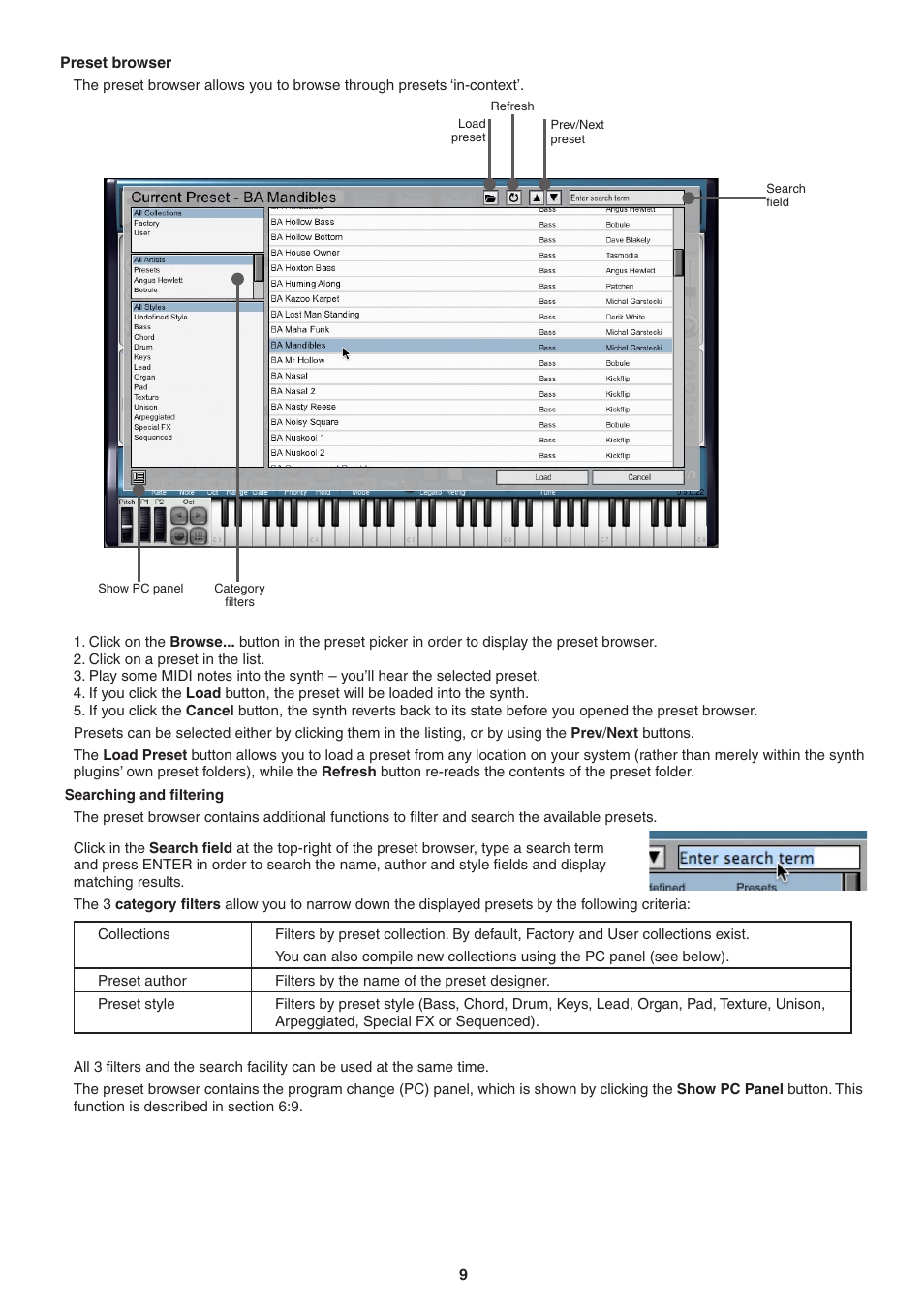 Preset browser, Searching and filtering | FXpansion DCAM Synth Squad Operation Manual User Manual | Page 9 / 110