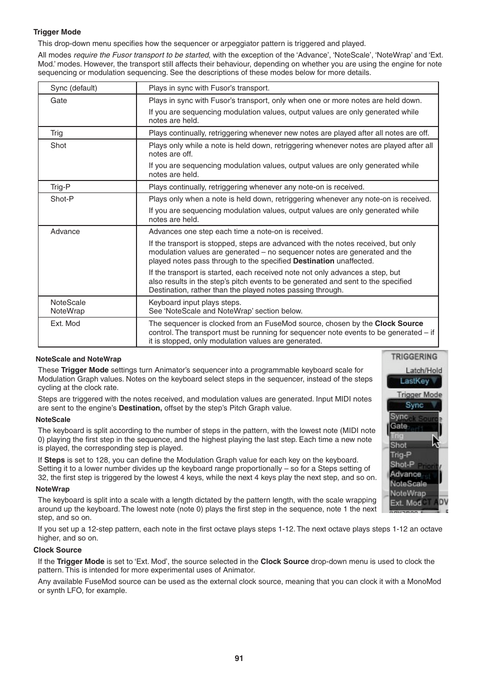 Trigger mode, Notescale and notewrap, Notescale | Notewrap, Clock source | FXpansion DCAM Synth Squad Operation Manual User Manual | Page 91 / 110