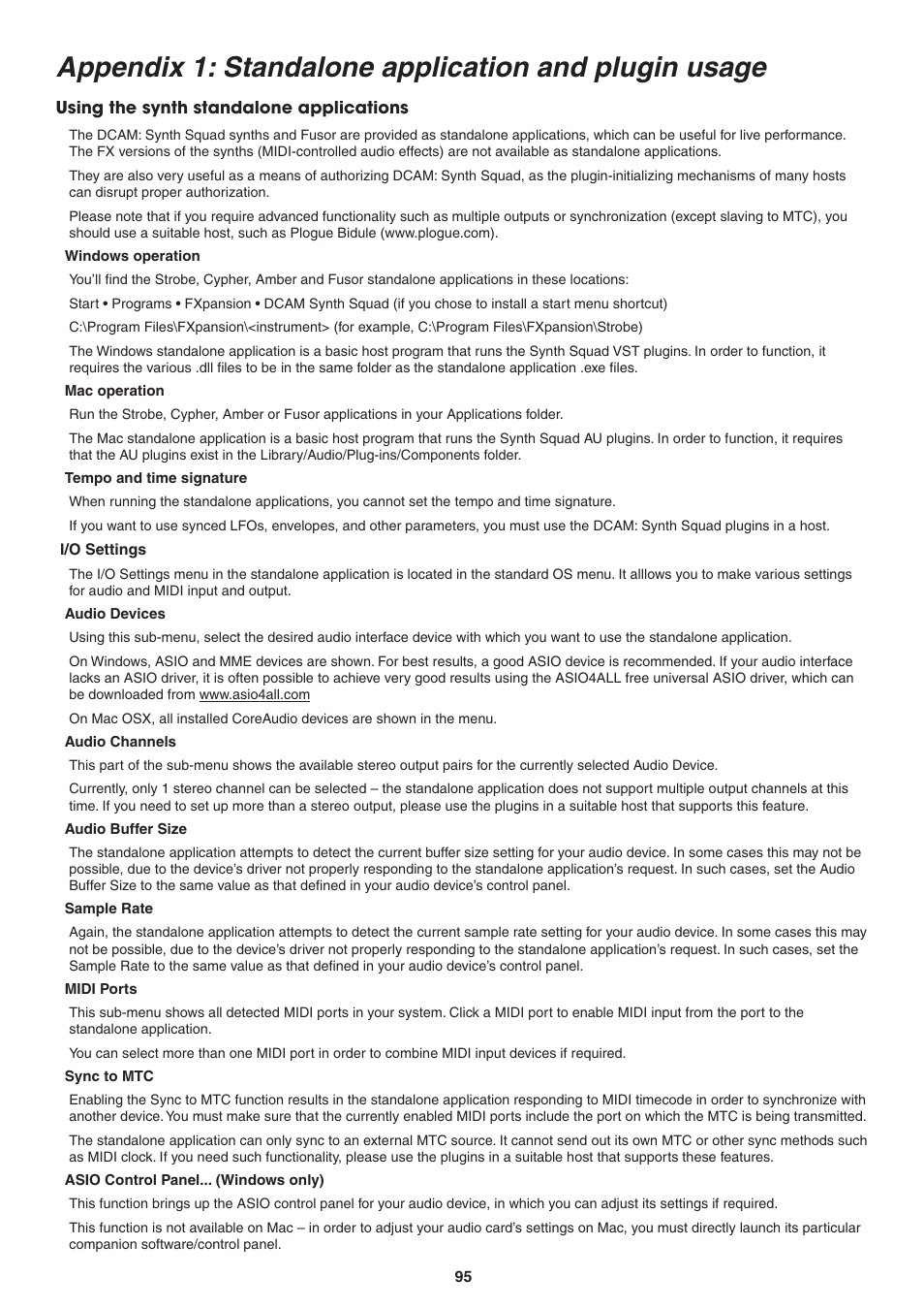 Using the synth standalone applications, Windows operation, Mac operation | Tempo and time signature, I/o settings, Audio devices, Audio channels, Audio buffer size, Sample rate, Midi ports | FXpansion DCAM Synth Squad Operation Manual User Manual | Page 95 / 110