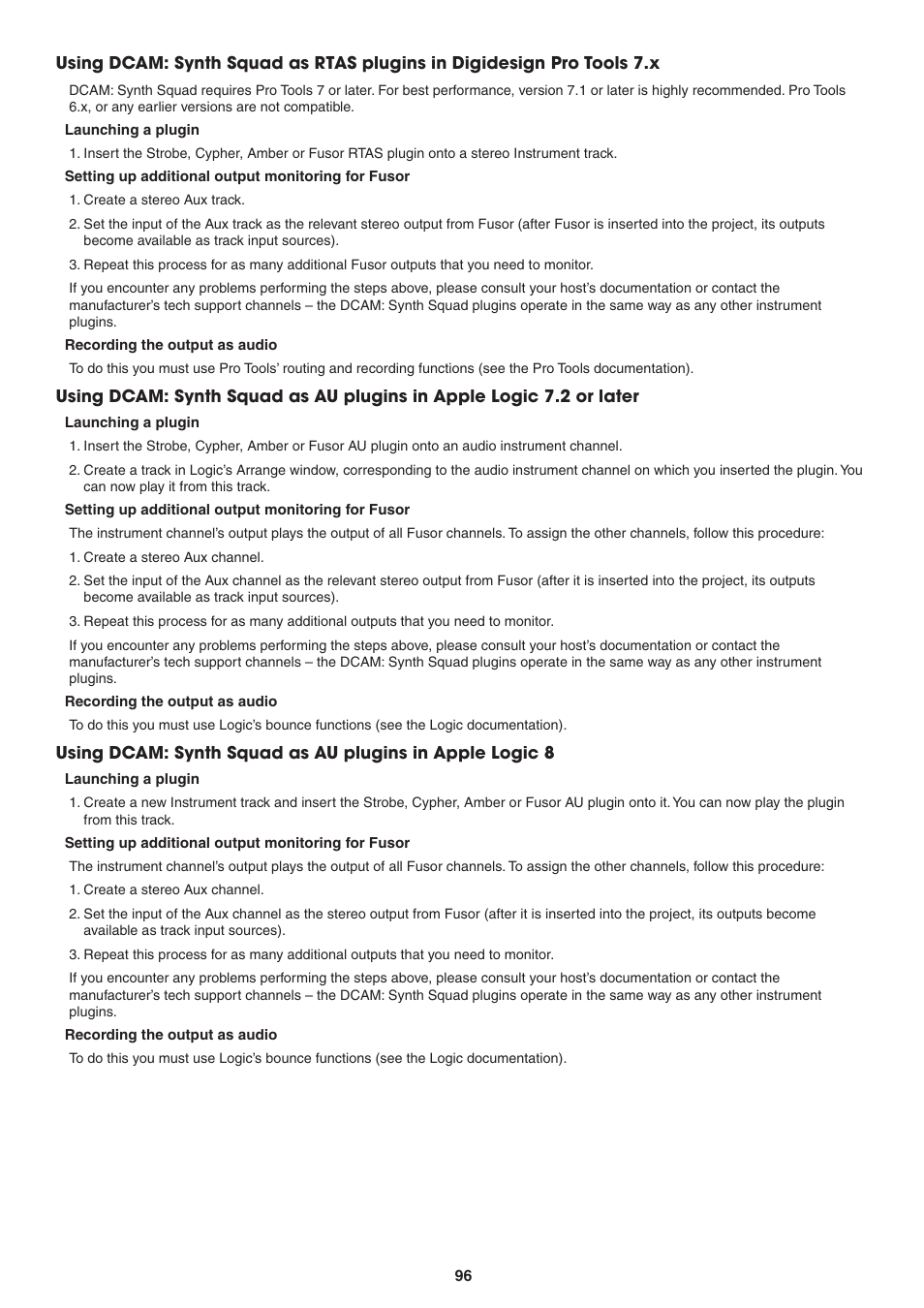 Launching a plugin, Setting up additional output monitoring for fusor, Recording the output as audio | Using synth squad as rtas plugins in pro tools 7.x, Using synth squad as au plugins in logic 8 | FXpansion DCAM Synth Squad Operation Manual User Manual | Page 96 / 110