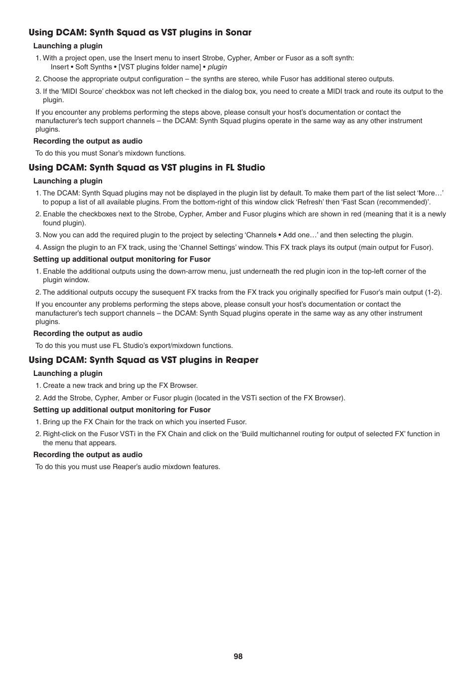 Using dcam: synth squad as vst plugins in sonar, Launching a plugin, Recording the output as audio | Setting up additional output monitoring for fusor, Using dcam: synth squad as vst plugins in reaper, Using synth squad as vst plugins in sonar, Using synth squad as vst plugins in fl studio, Using synth squad as vst plugins in reaper | FXpansion DCAM Synth Squad Operation Manual User Manual | Page 98 / 110