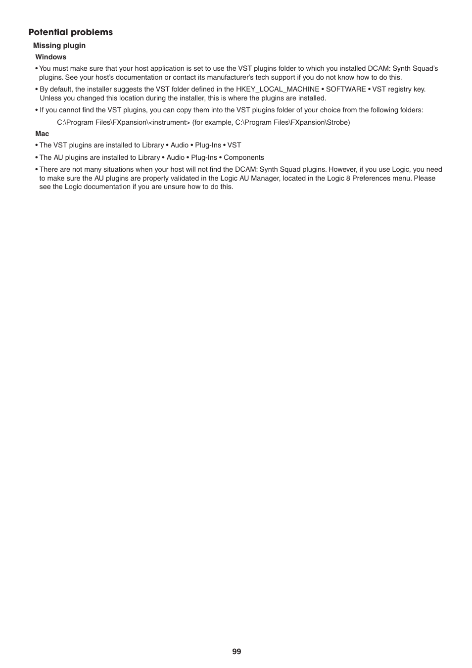 Potential problems, Missing plugin, Windows | FXpansion DCAM Synth Squad Operation Manual User Manual | Page 99 / 110