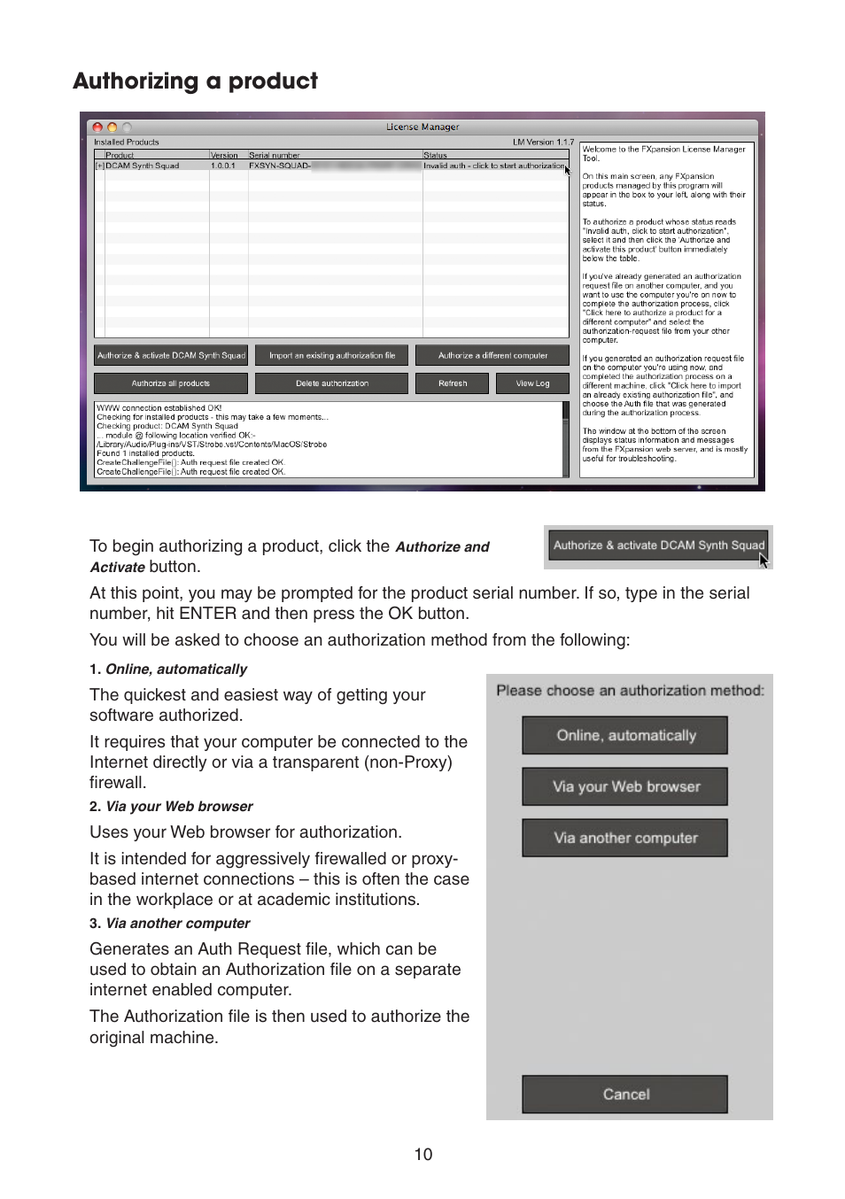 Authorizing a product | FXpansion DCAM Synth Squad Quick Start Guide User Manual | Page 10 / 48