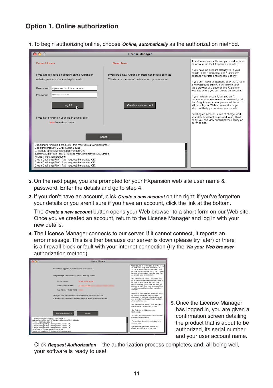 Option 1. online authorization | FXpansion DCAM Synth Squad Quick Start Guide User Manual | Page 11 / 48