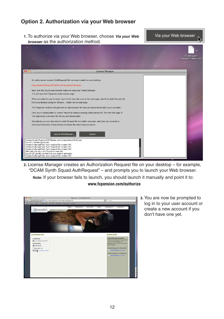 Option 2. authorization via your web browser | FXpansion DCAM Synth Squad Quick Start Guide User Manual | Page 12 / 48