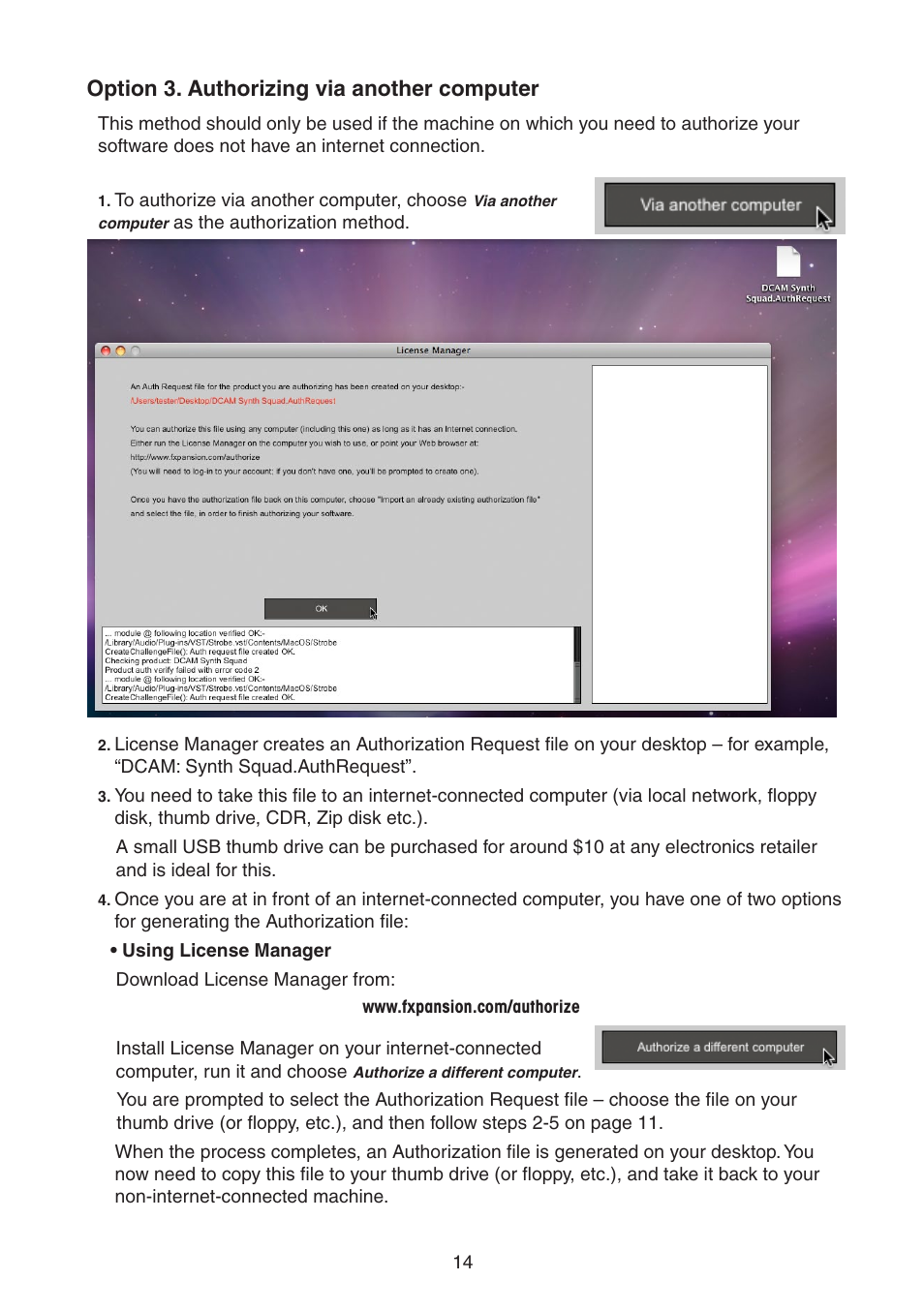 Option 3. authorizing via a different computer, Option 3. authorizing via another computer | FXpansion DCAM Synth Squad Quick Start Guide User Manual | Page 14 / 48