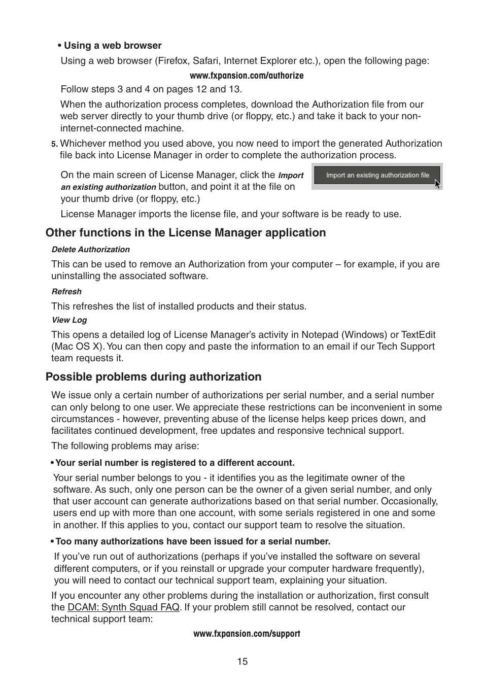 Other functions in the license manager application, Possible problems during authorization | FXpansion DCAM Synth Squad Quick Start Guide User Manual | Page 15 / 48