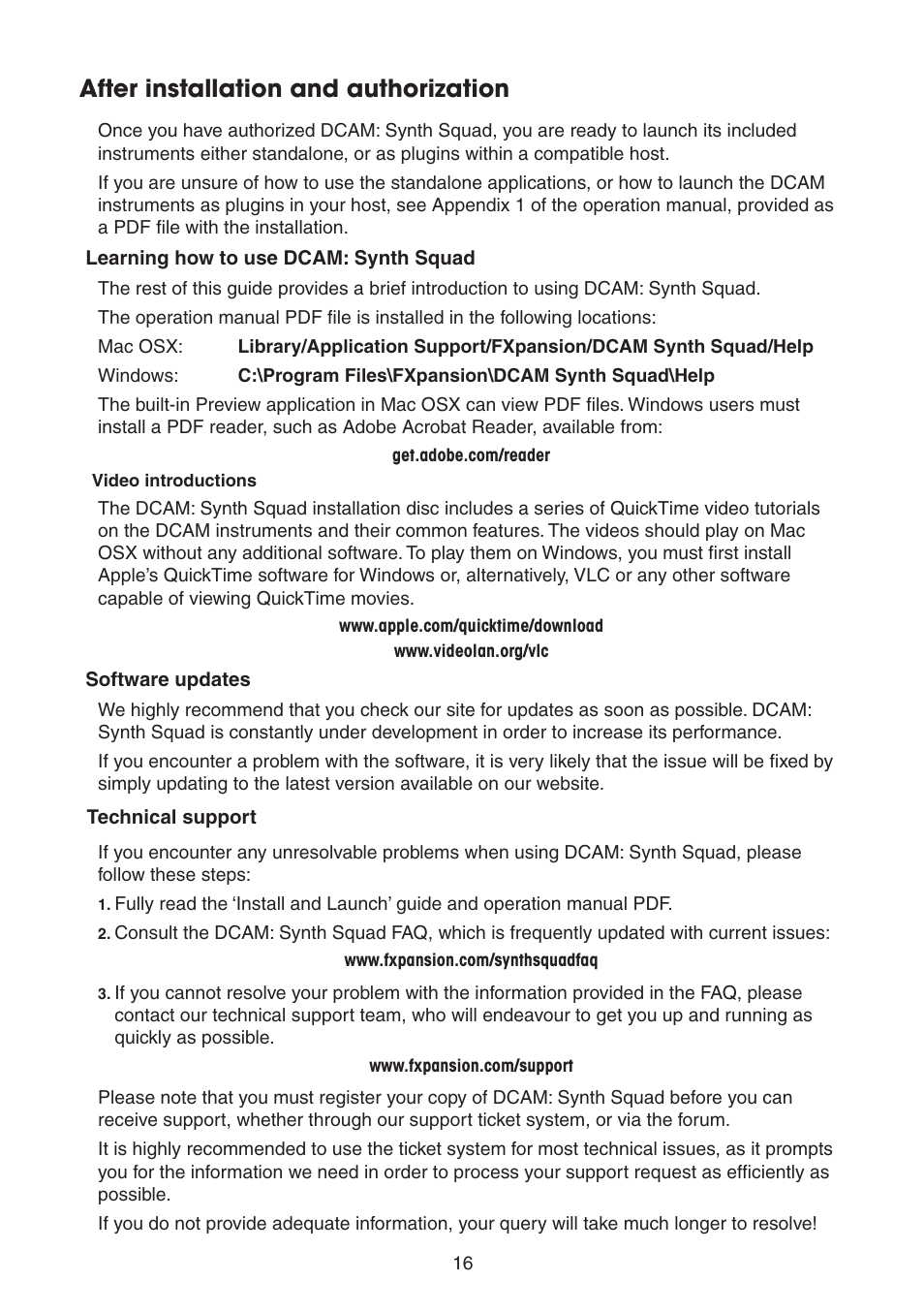 After installation and authorization, Learning how to use dcam: synth squad, Software updates | FXpansion DCAM Synth Squad Quick Start Guide User Manual | Page 16 / 48
