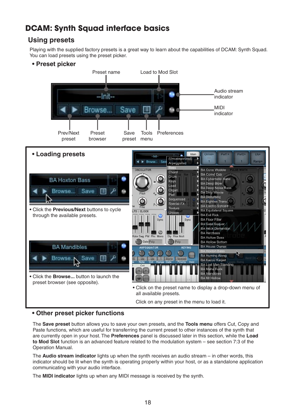 Dcam: synth squad interface basics, Using presets, Loading presets • preset picker | Other preset picker functions | FXpansion DCAM Synth Squad Quick Start Guide User Manual | Page 18 / 48