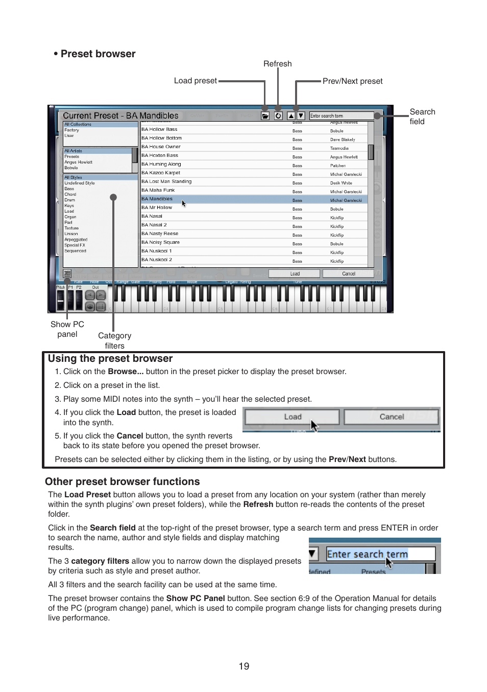 Using the preset browser, Other preset browser functions, Preset browser | FXpansion DCAM Synth Squad Quick Start Guide User Manual | Page 19 / 48