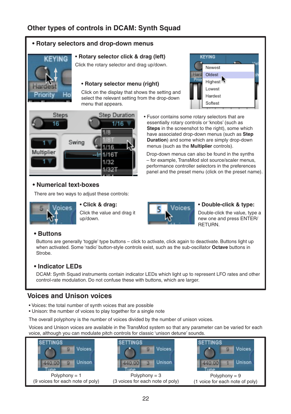 Other types of controls in dcam: synth squad, Voices and unison voices | FXpansion DCAM Synth Squad Quick Start Guide User Manual | Page 22 / 48
